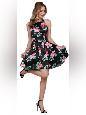 NWOT- NARIANNA - Floral Halter Fit-and-Flare Dress in Black with Pink 🌹Roses